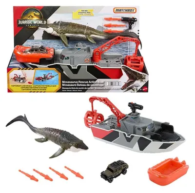 Produktbild von Matchbox Jurassic World Spielset Mosasaurus Action-Rettungsboot-Spielset mit Schiff, Dino, Spielzeugauto und Geschossen, 3 Jahr(e), Kunststoff, Mehrfarbig