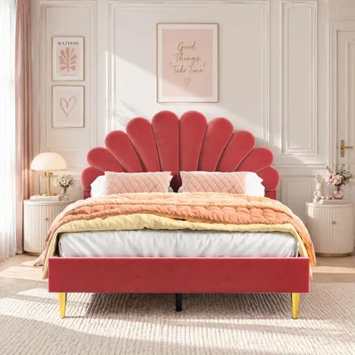 Immagine prodotto di Letto imbottito INONEFT, letto per bambini 140x200 cm, letto matrimoniale per ragazze, struttura letto per adolescenti con testiera a forma di fiore e rete a doghe, velluto color bordeaux