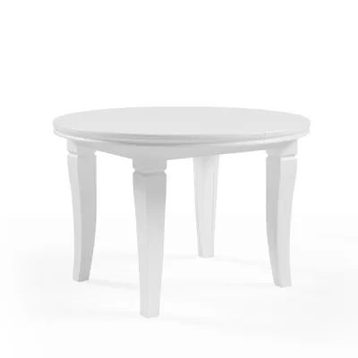 A white round dining table with four legs, shown from a slightly elevated front-facing angle against a white background.