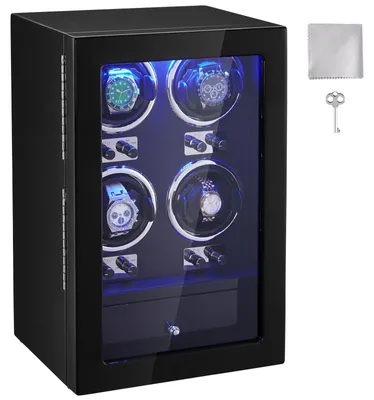 Produktbild von VEVOR Uhrenbeweger, Uhrenbeweger für 4 automatische Herren- und Damenuhren, mit 4 super leisen japanischen Mabuchi-Motoren, blauer LED-Beleuchtung und Adapter, Gehäuse aus hochdichtem Material und schwarzem PU, 4 Stück, Ja