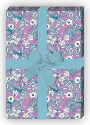 Produktbild von Vintage Sommer Geschenkpapier mit Retro Hawaii Blumen, lila zum Einpacken - G11605, 32 x 48cm