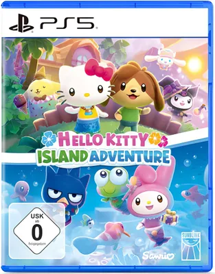 The image shows the front cover of a PlayStation 5 game case for 'Hello Kitty: Island Adventure'. It features various Sanrio characters in a colorful, tropical island setting.