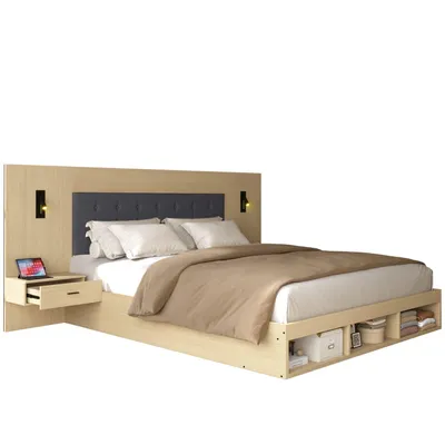 Obrázek produktu pro Manželská postel 180 × 200 cm, postel s úložným prostorem, dřevěná postel, postel pro mládež, s USB a nabíjecí stanicí typu C a lampičkou na čtení, se 2 nočními stolky, světlý dubový odstín