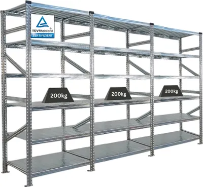 Produktbild von Fachbodenregal PROXIMO mit  Stecksystem | Komplettregal | HxBxT 210x270x60cm | 6 Ebenen | Beidseitig nutzbar | Verzinkt
