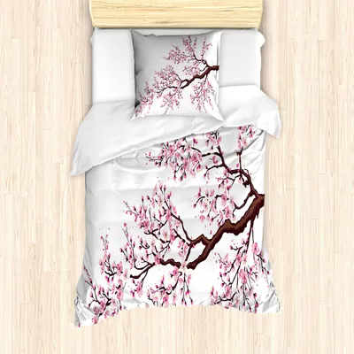 Produktbild von ABAKUHAUS japanisch Bettbezug Set, Zweig eines blühenden Sakura Baums Kirschblüten Frühlingsthema Digital Muster, 135 x 200 cm + 80 x 80 cm, Rosa Dunkelbraun