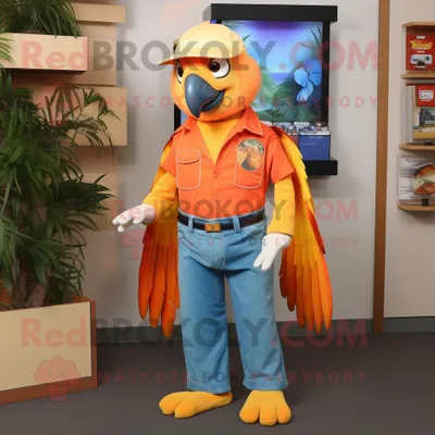 Produktbild von Orangefarbener REDBROKOLY Papagei Maskottchen Kostüm charakter bekleidet mit einer Mom-Jeans und Gürteln