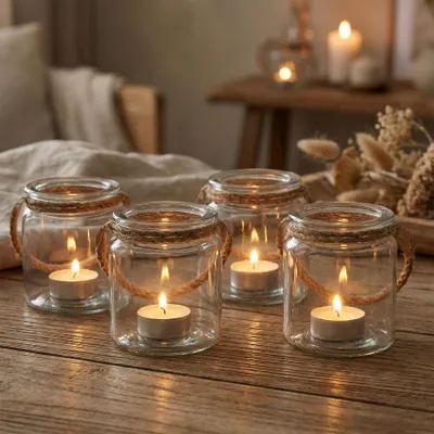 Produktbild von 4er Set Teelichthalter Glas H10cm Klar Transparent Windlicht Tischdeko Kerzen