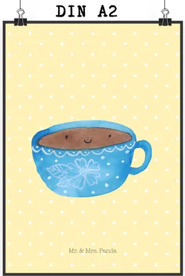 Produktbild von Mr. & Mrs. Panda Bild Kaffee Tasse DIN A2 - Gelb Pastell - Geschenk, Glücklich, wanddeko, drucke, Genuss, Geschmack, Liebe, Kunstdruck, Plakat, Lustige Sprüche, Wandbild