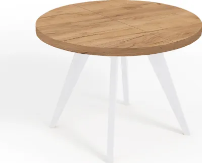 A round dining table with a wood-look top and white legs, shown against a white background.