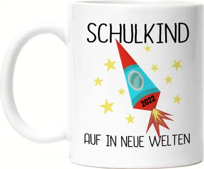 Produktbild von Schulkind Auf In Neue Welten 2022 Tasse Einschulungstüte Rakete Sterne Grundschule 1. Klasse