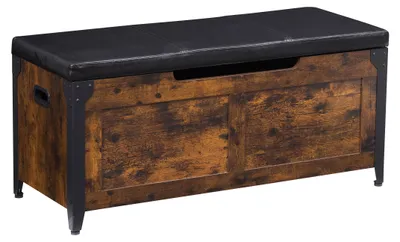 Image de Banc coffre rembourré de 100 cm, avec assise et rangement pour chaussures, style industriel rustique, couleur marron