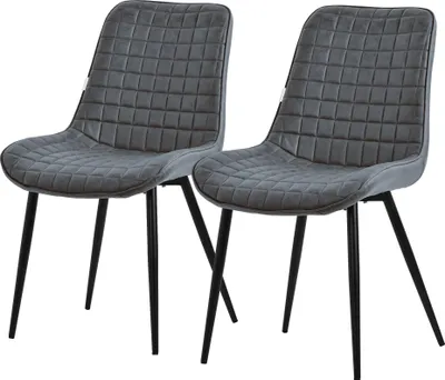 Two gray dining chairs with black metal legs against a white background.