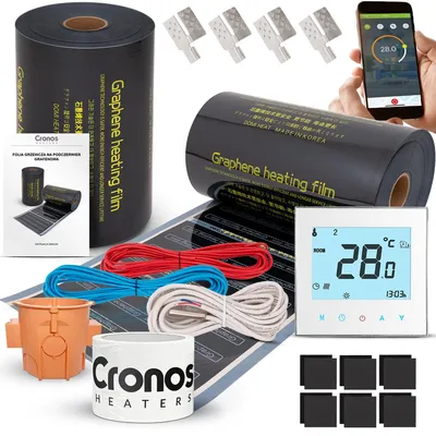 Imagen del producto de Kit de láminas calefactoras infrarrojas Cronos GRAPHENE de 220 W/m², dimensiones 50 cm x 1 m² + termostato Wi-Fi AC605H, color blanco