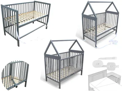 Produktbild von Kinderbett - Beistellbett - Babybett Haus 120x60 cm mit Gurt und Rädern grau