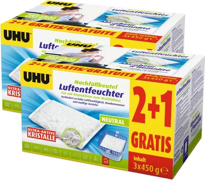 Two boxes of UHU Luftentfeuchter (dehumidifier) refills are stacked, with the front box prominently displaying product information and promotional text.