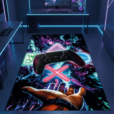 Produktbild von Auffälliger Gaming-Teppich mit lebendig-bunten neon-farbigen Symbolen und schwebendem Controller Größe - 140 x 200 cm