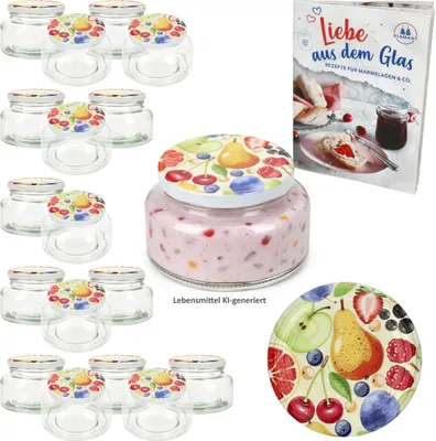 Zdjęcie produktu dla Zestaw 18 słoików na jogurt 435 ml Słoik do wekowania Komiksowe owoce Pokrywka Dżem