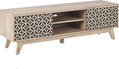 Produktbild von BELIANI TV Möbel Braun / Heller Holzfarbton MDF Platte 45 x 140 x 40 cm Regal Schrank Retro Elegant Schwarzes Geometrisches Muster Multifunktional
