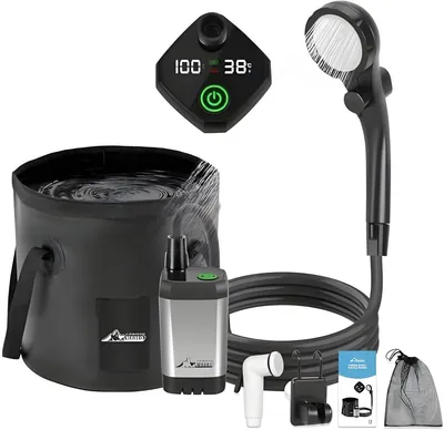 Produktbild von PolkaHome® Tragbare Camping-Dusche mit Batterie, Pumpe und Duscheimer, Outdoor-Dusche-Set, mobile Außendusche mit Duschkopf, für Camping