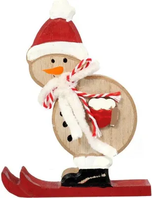 Productafbeelding van Sneeuwpop-skiër, houten figuur met sjaal, 13 cm - kerstdecoratie