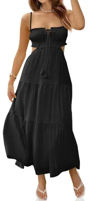 Produktbild von Imily Bela Maxikleid mit Spaghettiträgern, ärmelloses Sommerkleid mit seitlichem Cut-out, lässiger Boho-Stil, rückenfreies, fließendes Maxikleid