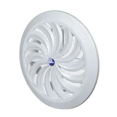 A white round ventilation grille with a swirling pattern and a blue logo in the center, isolated on a white background.
