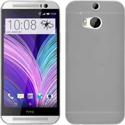 A front and back view of a silver HTC One M8 smartphone, displayed side-by-side against a white background.