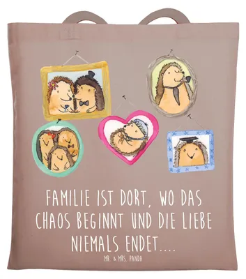 Produktbild von Mr. & Mrs. Panda Shopping Tasche Igel Familie - Braun Pastell - Geschenk, Glück, Tote Bag, Liebe, Schultasche, Einkaufstasche, Muttertag, Bruder, Jutetasche, Laptoptasche