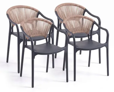 Produktbild von 4er-Set stapelbare Stühle aus Polypropylen mit Rückenlehne aus geflochtenem Seil und Armlehnen, für Garten, Terrasse, Bars und Restaurants – Jennifer Grau