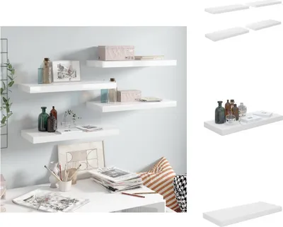 Obrázok produktu pre vidaXL Plávajúce police 4 ks. MDF s vysokým leskom biela 60x23,5x3,8 cm - Nástenné police