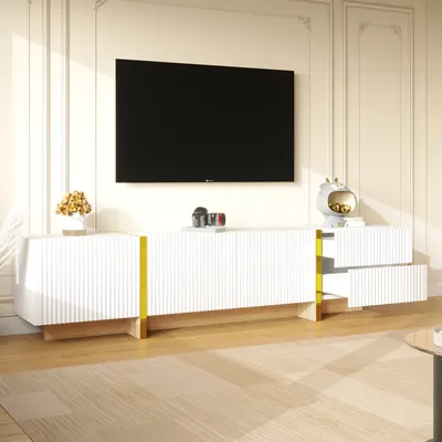Image de okwish Meuble TV bas avec 3 portes et 2 tiroirs, meuble télé moderne pour salon – blanc et or 190×35×45 cm