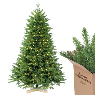 Produktbild von Salcar Künstlicher Weihnachtsbaum mit LED Tannenbaum Künstlich mit Beleuchtung und Echtholzständer, Größe: 180 cm, 450 LEDs, 1284 Spitzen