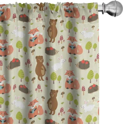 Produktbild von ABAKUHAUS Kindergarten Vorhänge, Gardinen, Wald-Gekritzel mit Bären-Igel-Fox-Baum-Pilz-feenhaftes Fantasie-Weltglück, 2 Stück 75 x 245 cm, Mehrfarbig