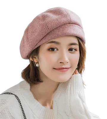 Immagine prodotto di Berretto da donna, modello "Baskenmütze", ideale per l'inverno, caldo, in misto lana, a forma ottagonale, motivo a quadri, colore rosa, taglia 56-58
