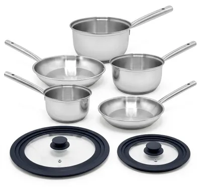 Image de Lot de 3 casseroles 18/20/22 cm et 2 poêles 20/28 cm en inox avec couvercles Fackelmann Rhona