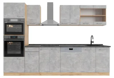Produktbild von Küchenzeile Vicco R-Line Beton/Goldkraft Eiche 300 cm mit Hochschrank, AP Anthrazit, Model 53345