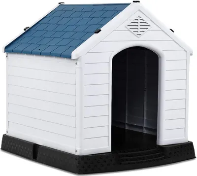 Produktbild von COSTWAY Hundehütte Kunststoff Hundehaus Plastik für Garten, Drinnen und Draußen, Hundehöhle mit Erhöhtem Boden, Hundekisten blau und weiß 70x65x71,5cm