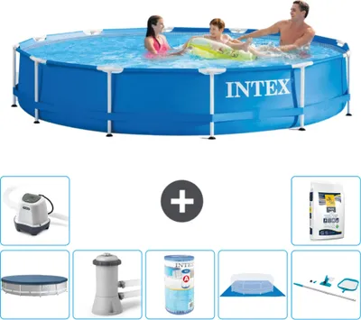 Produktbild von Intex-Schwimmbecken mit rundem Rahmen – 366 x 76 cm – Blau – im Lieferumfang enthalten Abdeckung - Filterpumpe für Schwimmbad - Filter - Bodenplane - Reinigungskit - Salzwassersystem