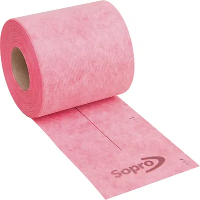 A roll of pink waterproofing tape is shown against a white background.