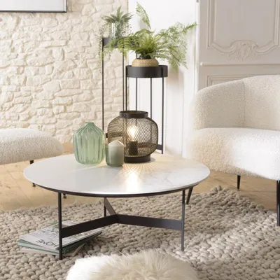 Image de DALY - Table basse ronde 78x78cm plateau effet marbre piètement métal DALY