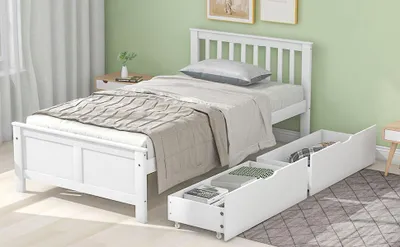 Produktbild von okwish Holzbett 90x200cm, Einzelbett, Jugendbett, Erwachsenenbett, mit Schubladen, Rahmen aus Kiefernholz, Weiß
