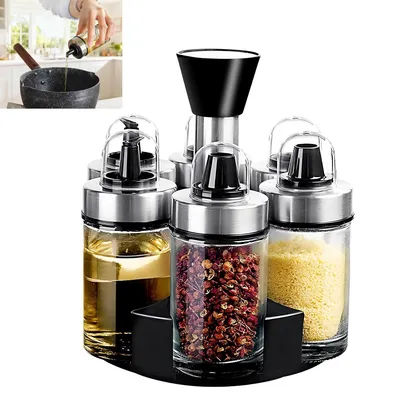 Produktbild von Gewürzgläser Set mit Drehteller Organizer - 6 Stück 100ml Rund Gewürzdosen aus Glas - Gewürzflasche mit 3 Verschiedenen Ausläufen für Salz, Pfeffer