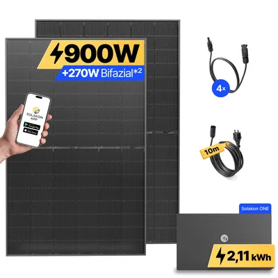 Produktbild von 900W Balkonkraftwerk mit Speicher Solakon ONE (2,11 kWh) Solaranlage Steckerfertig WIFI Komplettset Photovoltaik Anlage 800W, Kabellänge: 10m