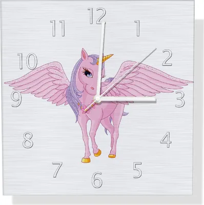 Produktbild von Wallario Design Wanduhr Rosa Einhorn mit großen Flügeln aus Aluverbund, Größe 30 x 30 cm