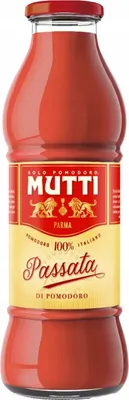 A bottle of Mutti Passata tomato puree against a white background.