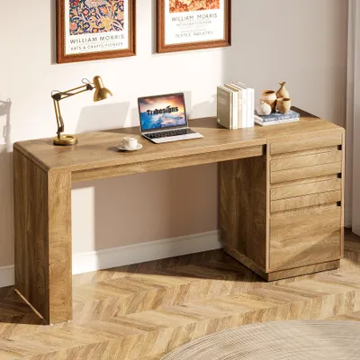 Zdjęcie produktu dla Biurko Tribesigns o wymiarach 140 cm z 3 szufladami, biurko w stylu rustykalnym, idealne do biura domowego, z regulowaną szafką na dokumenty, kolor: orzech