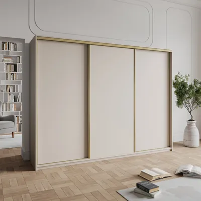 Produktbild von Masseno Schiebetürenschrank NISSE 270/205/60 cm Kleiderschrank mit Schubladen Schlafzimmer Schrank 3-türig Kaschmir + Gold