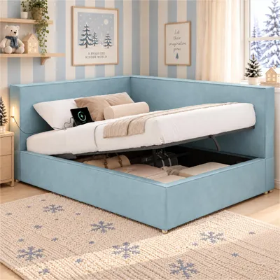 Zdjęcie produktu dla Łóżko tapicerowane 140x200 cm z hydraulicznym pojemnikiem na pościel, oświetleniem LED, portami USB/Typ-C, stelażem, tapicerowanym zagłówkiem i obiciem z weluru, kolor niebieski