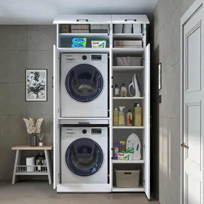 Produktbild von Roomart Waschmaschinenschrank " DORA SET" für Trockner & Waschmaschine, 115 cm breit, in 4 Farben, mit Türen & Ausziehbrett - Weiß - Weiß Eiche - Anthrazit Eiche - Eiche