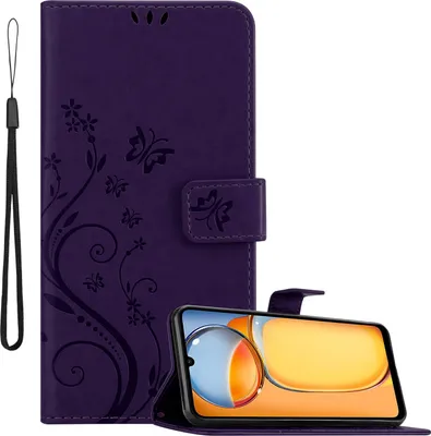 Produktbild von Cadorabo Hülle für Xiaomi Redmi 13C Hülle in FLORAL DUNKEL LILA Schutzhülle im Blumen Design mit Magnetverschluss, Standfunktion und Kartenfächern Book Case Cover